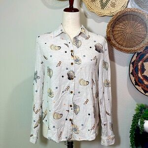 Women’s Jane + Delancey Linen Blend Seashell Star Button Up Shirt Lightweight M
